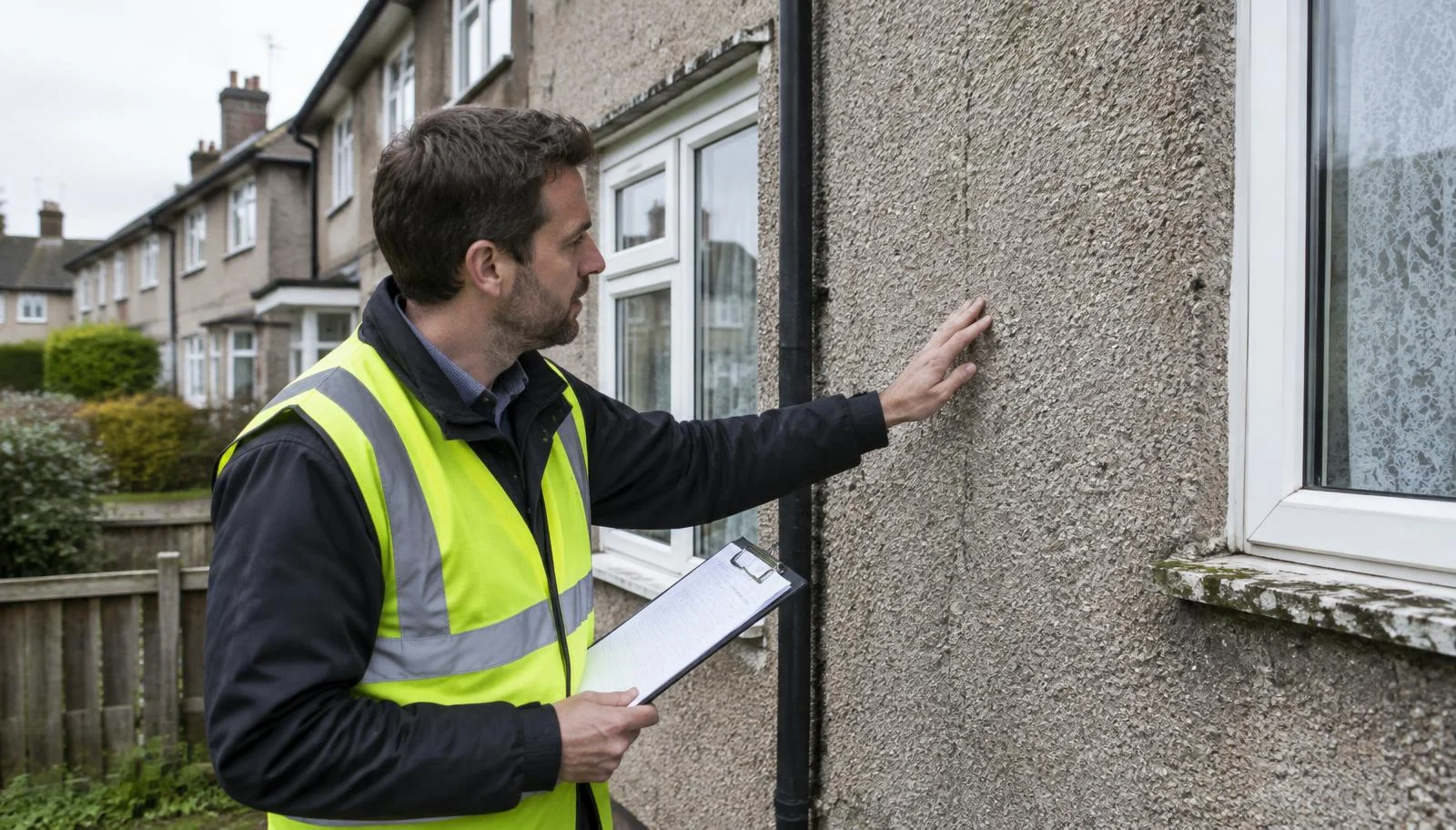 Surveyor inspecting the concrete outer wall of a post-war house