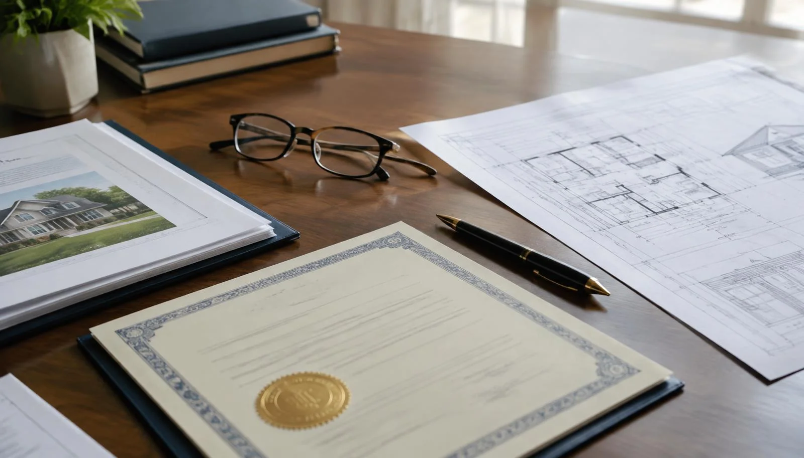 Repair certificate and construction drawings on a desk