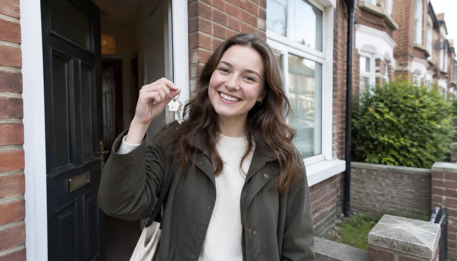 First-time buyer holding keys outside a terraced house