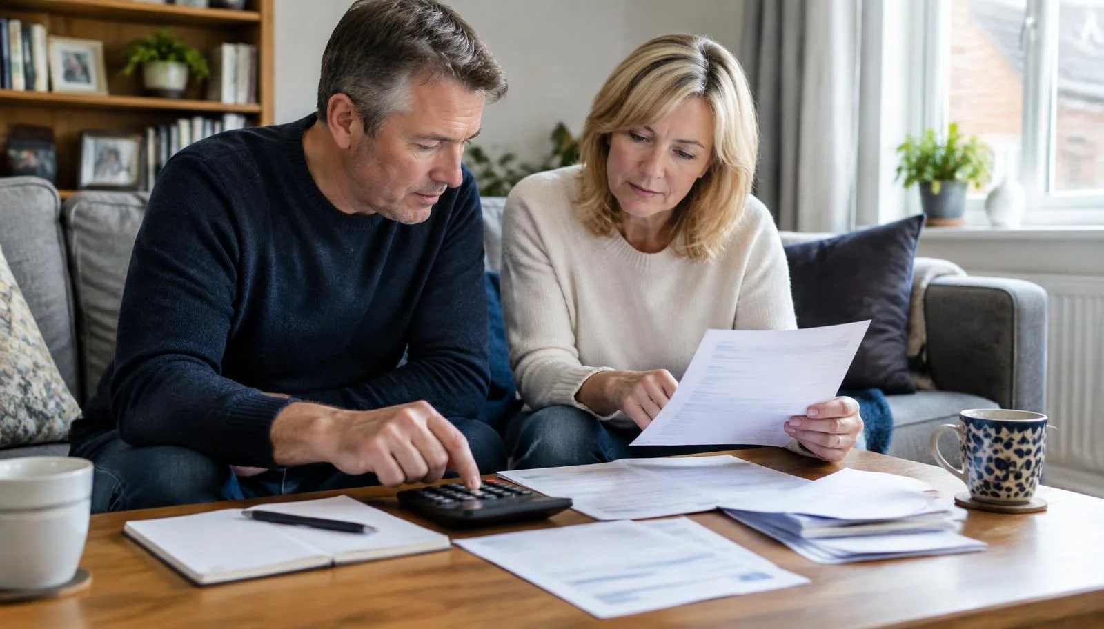 Couple reviewing household finances and bank statements at home