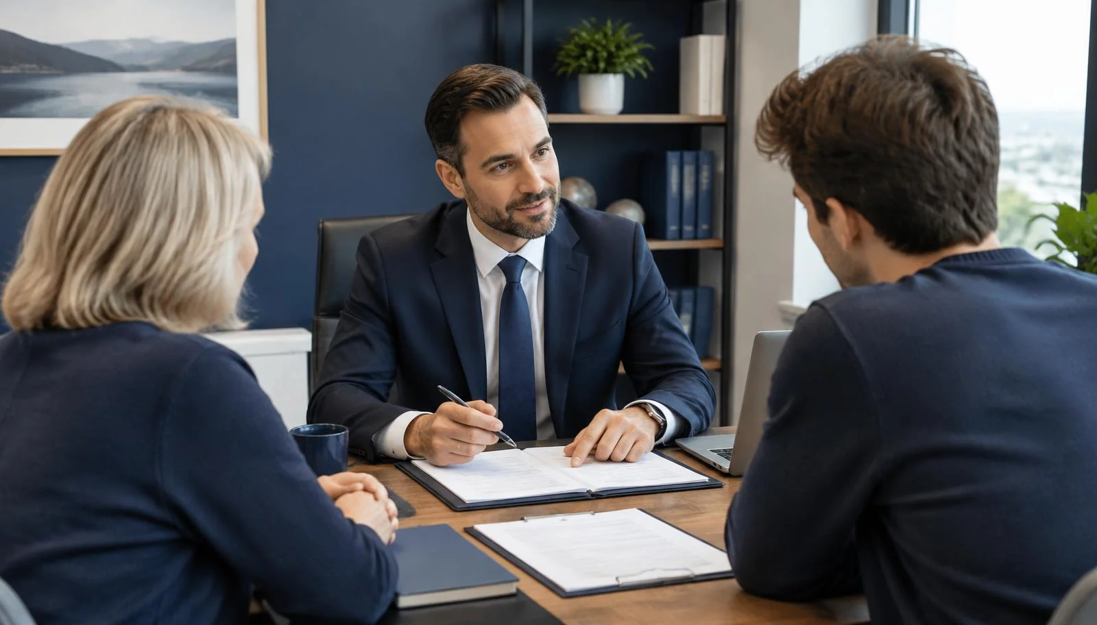 Mortgage adviser meeting a parent and adult son in an office