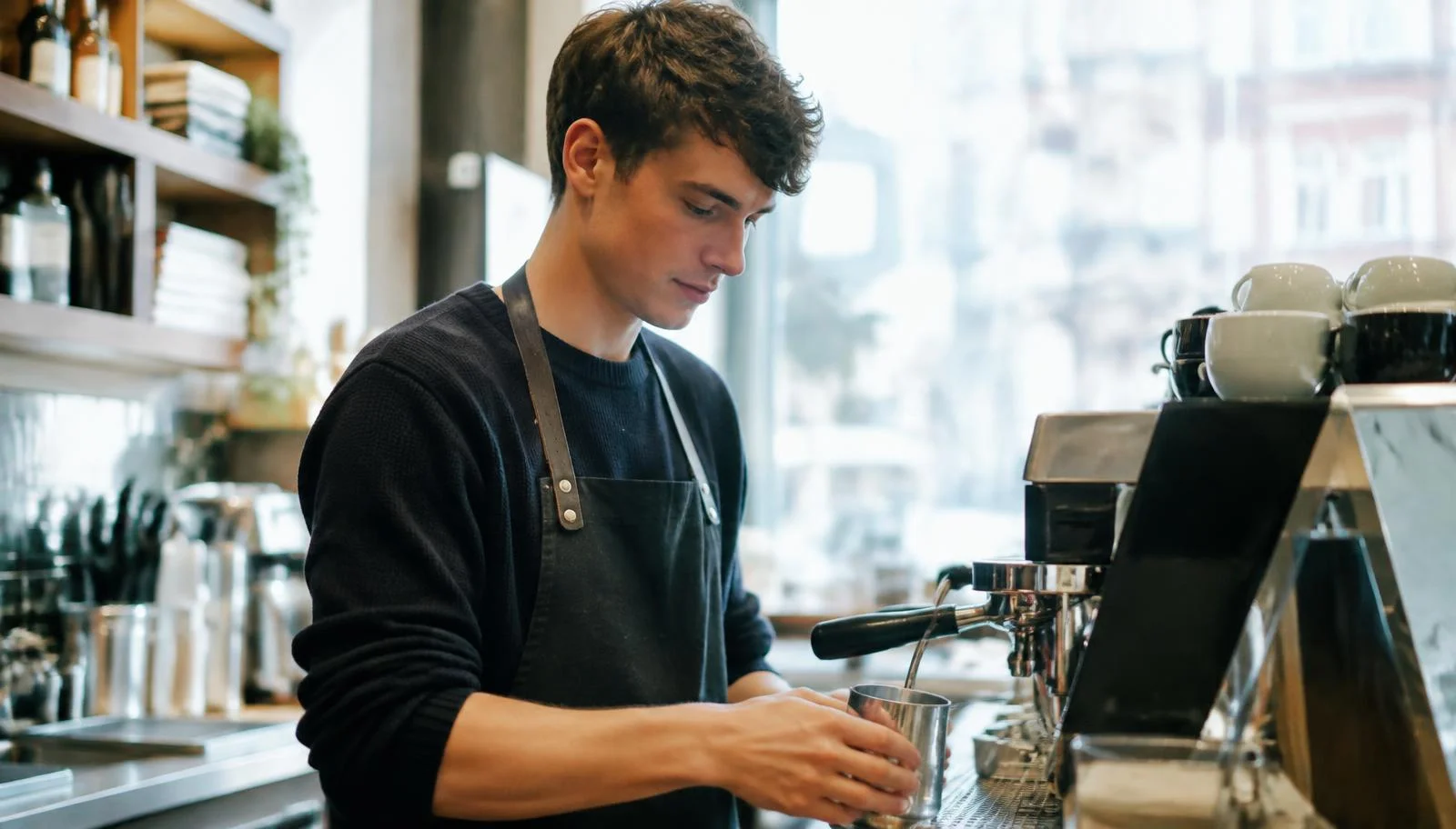 Barista working a weekend shift at a café counter