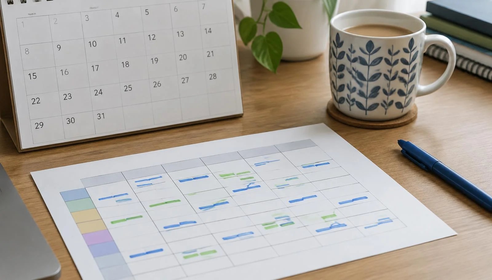 Desk with a calendar and a weekly rota showing two shift patterns