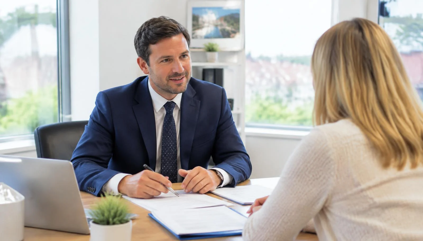 Mortgage adviser meeting a client in a bright office