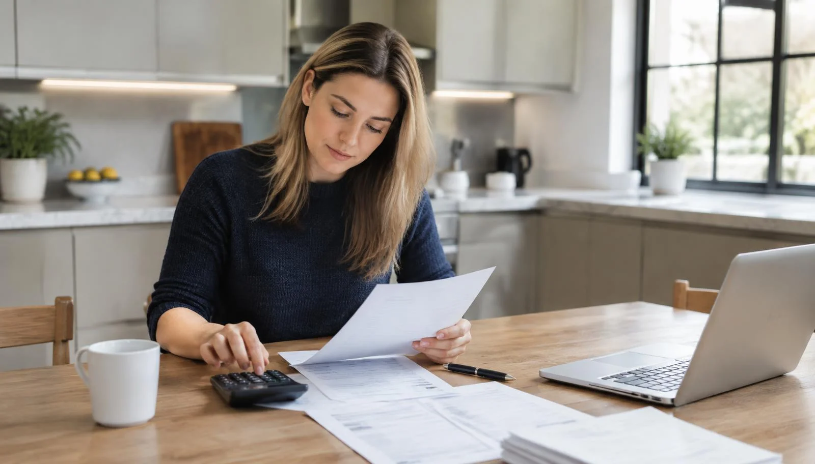 Homebuyer reviewing purchase costs with a calculator and paperwork