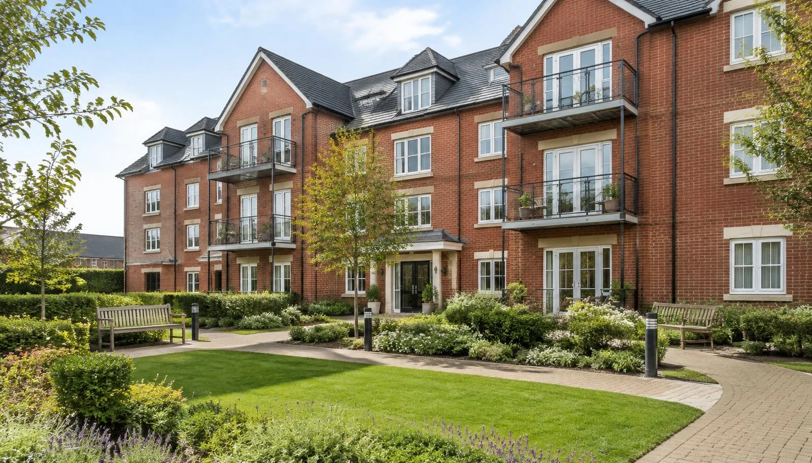 British residential apartment building with maintained communal gardens