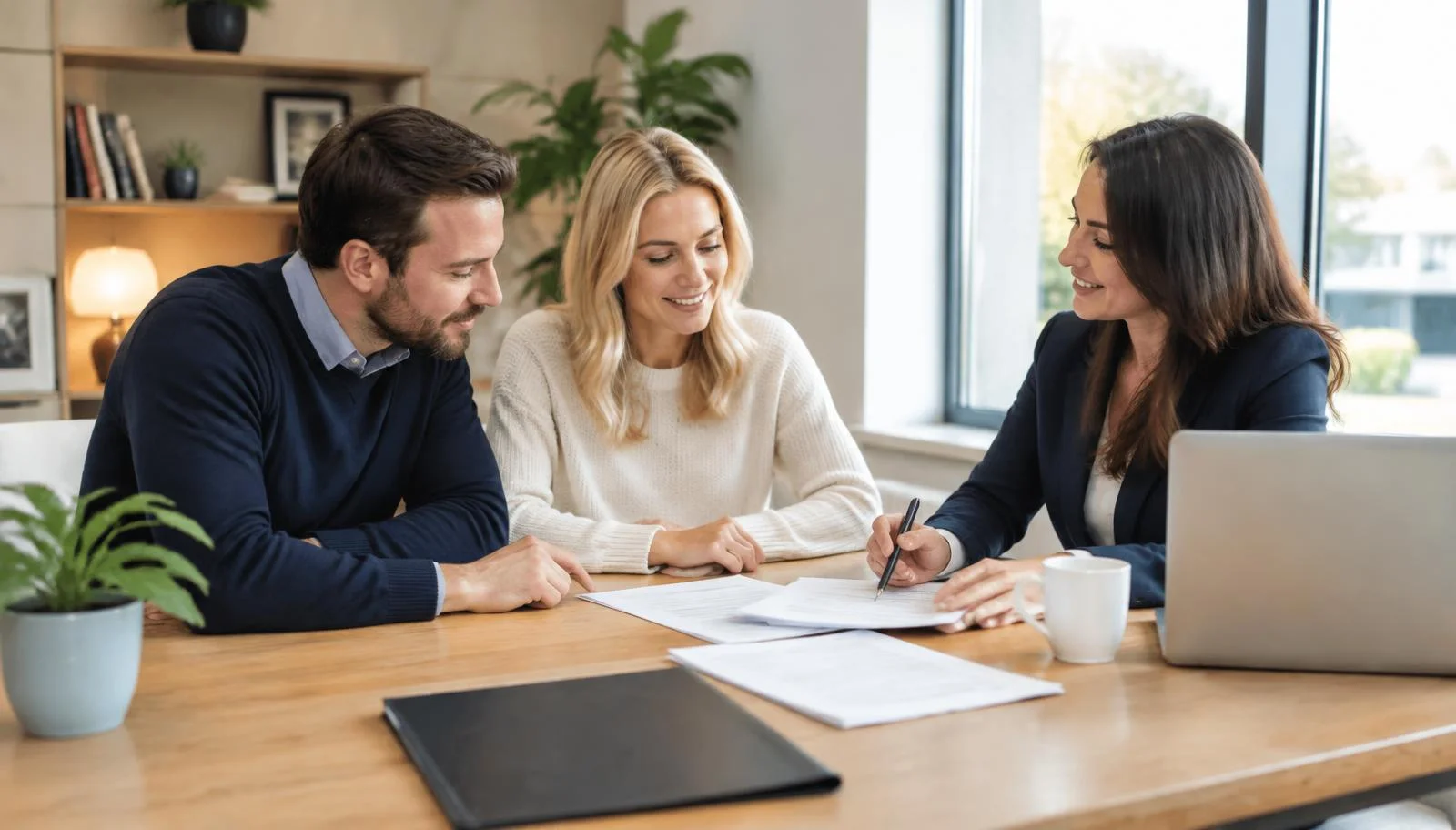 Homebuyers discussing their purchase with a mortgage adviser