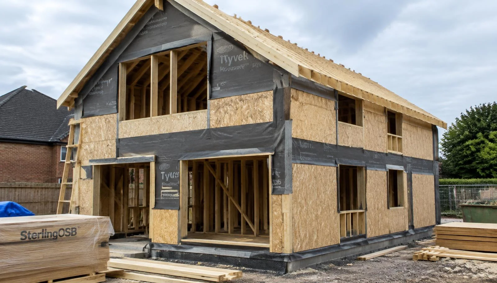 Timber-frame house under construction showing studs, sheathing and breather membrane