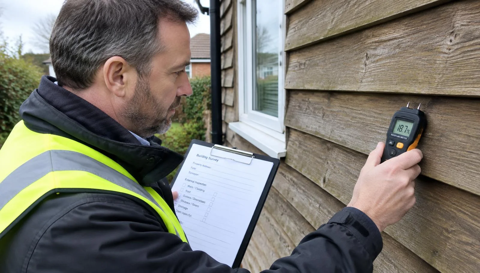 Surveyor checking the timber-clad external wall of a house with a moisture meter