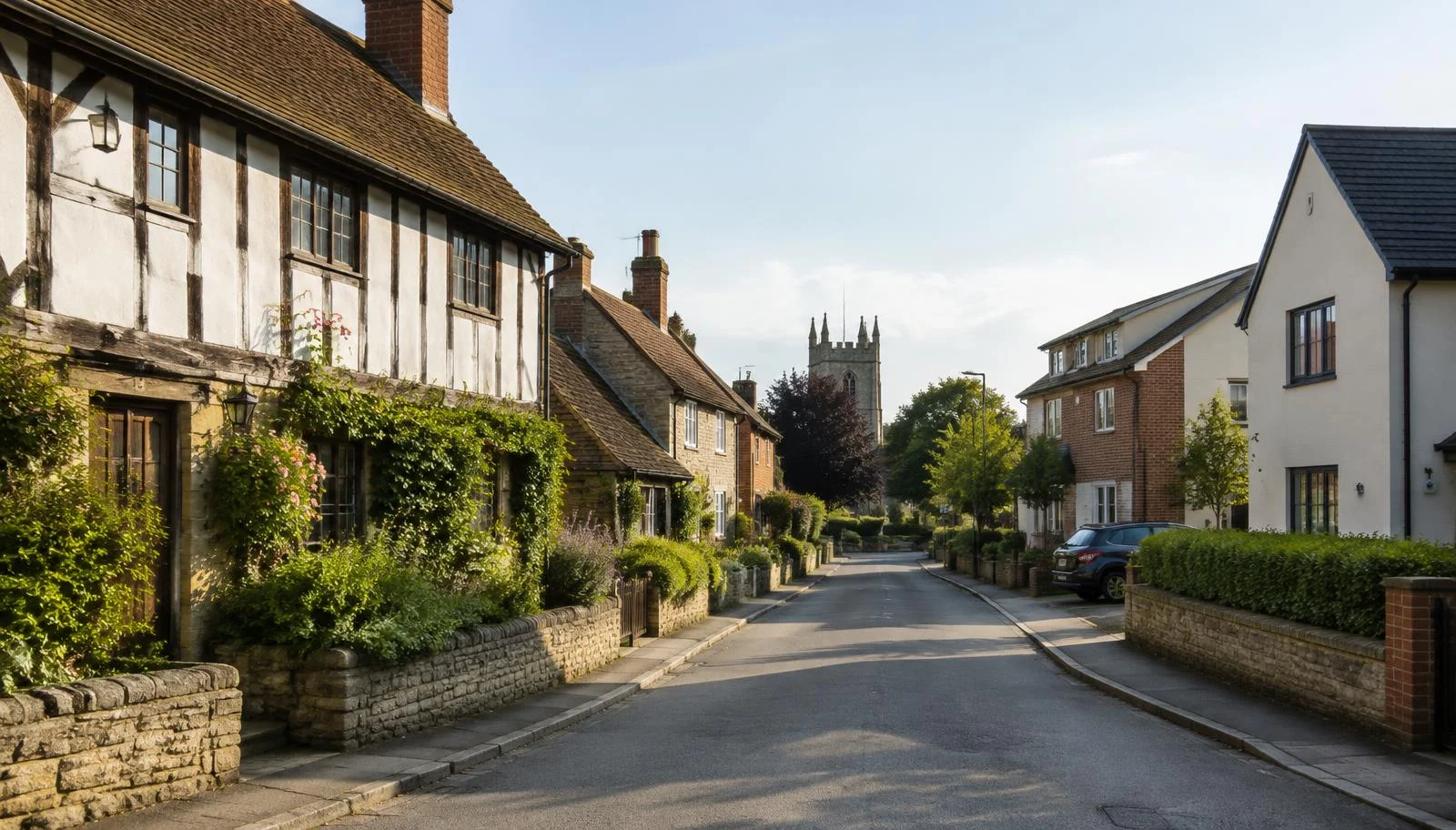 British residential street with historic timber-framed cottages and modern homes