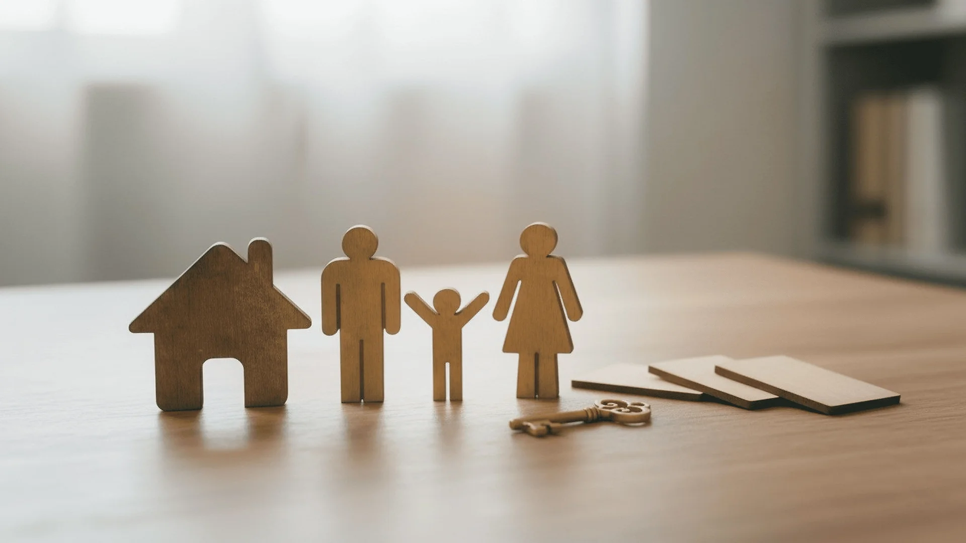Wooden family figures with a house and key representing home ownership