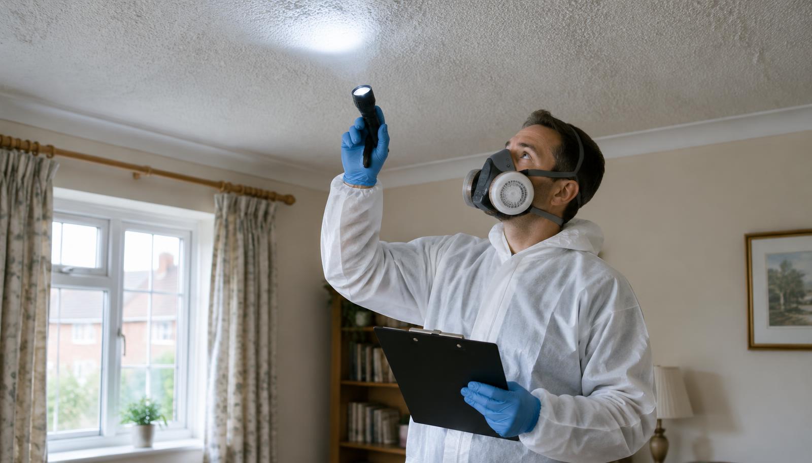 Building surveyor inspecting a suspected textured ceiling without disturbing the material