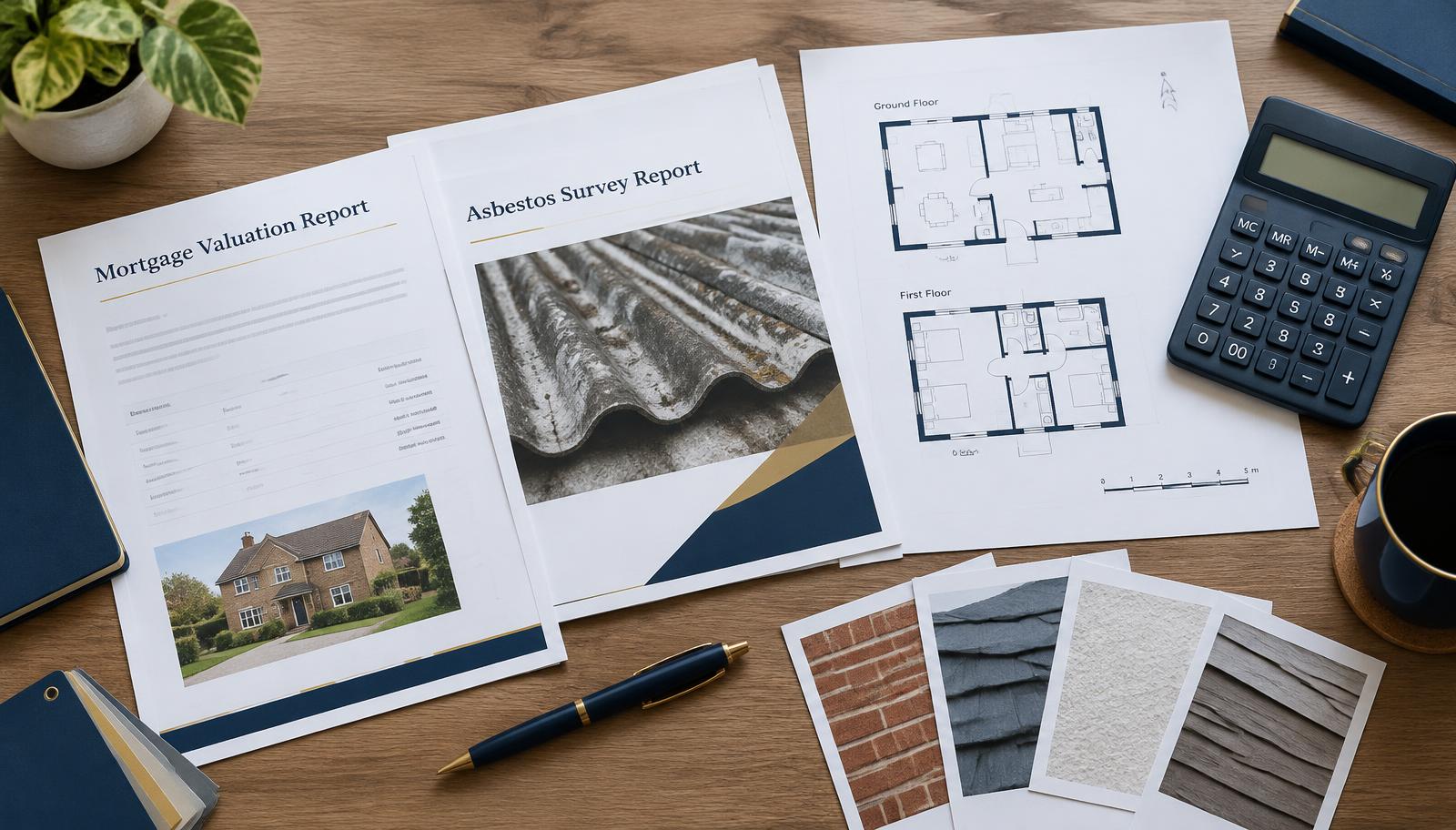 Mortgage valuation and asbestos survey reports with property plans and a calculator