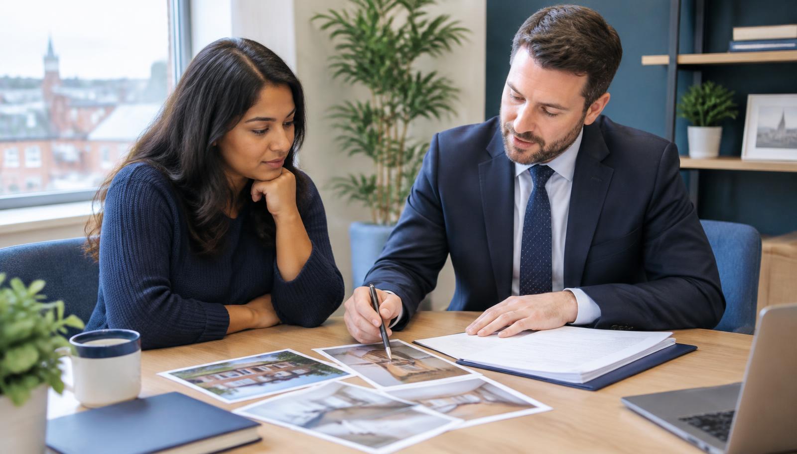 Home buyer and mortgage adviser reviewing property condition photographs and mortgage documents