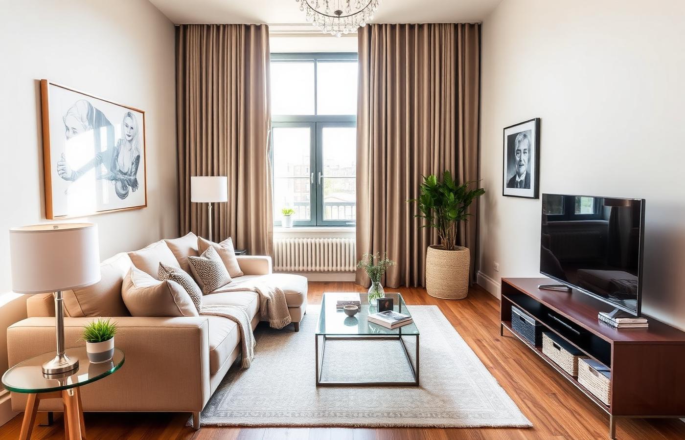 Tastefully furnished UK rental flat living room with neutral decor and natural light