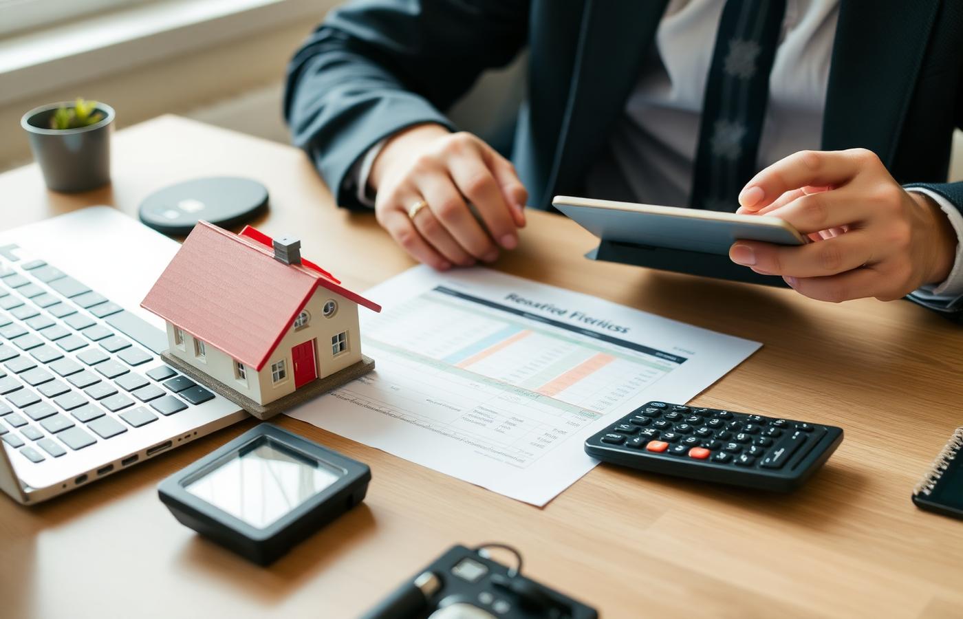 Landlord reviewing rental yield calculations at a desk with a laptop, calculator and model house