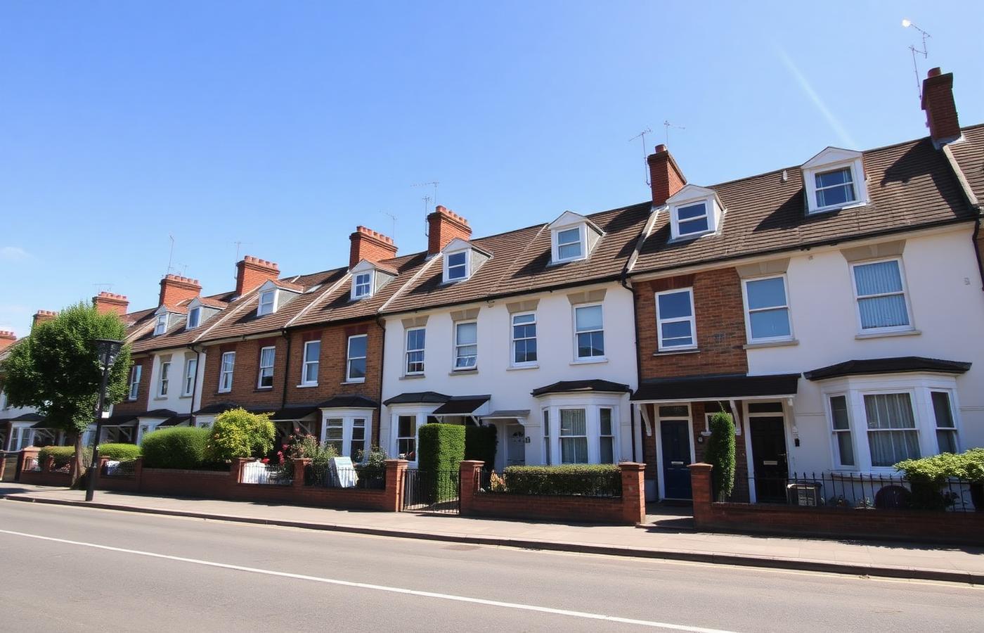 Row of British terraced rental properties on a sunny street