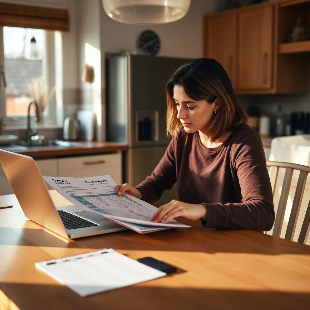 Person reviewing a credit report and paperwork at a kitchen table