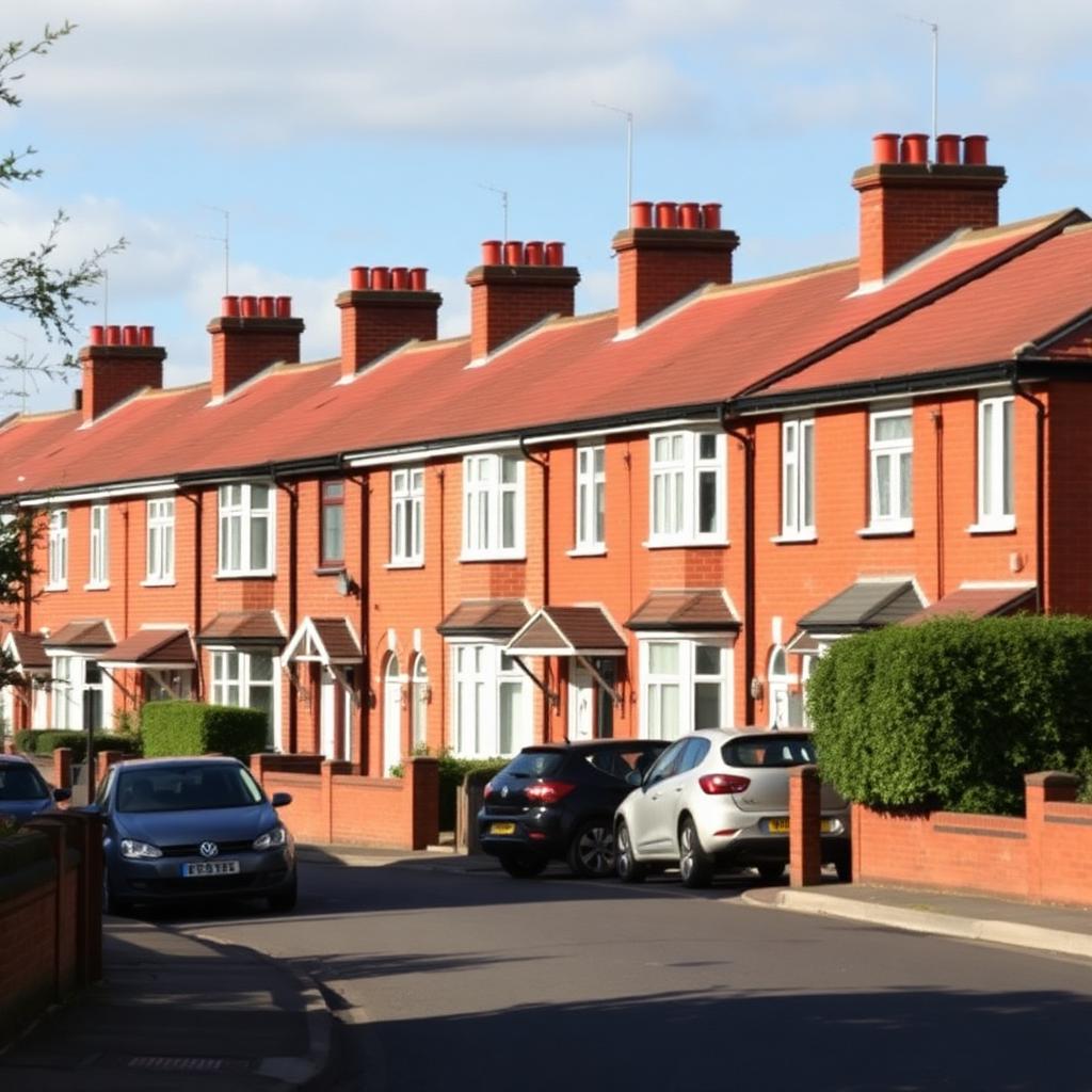 A row of British terraced houses on a quiet suburban street