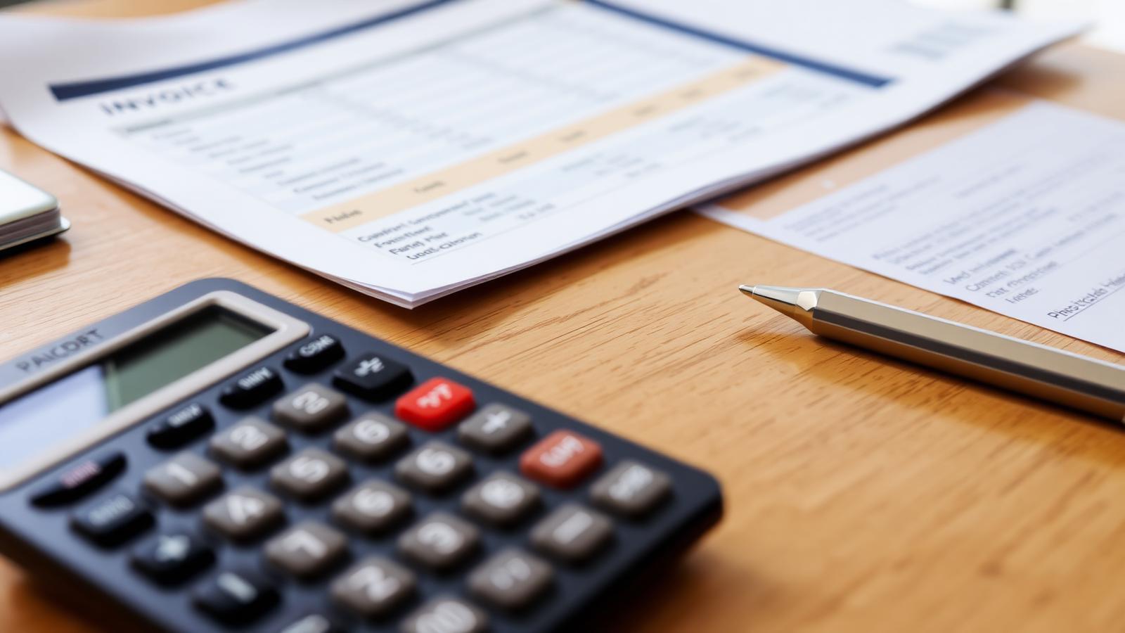 Construction payment statements and invoices on a desk with a calculator