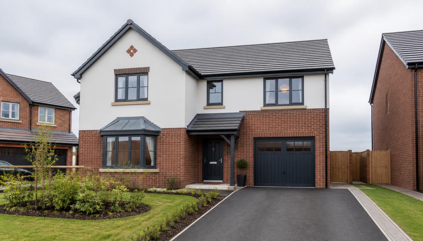 Modern new-build detached house in the UK with brick and render exterior