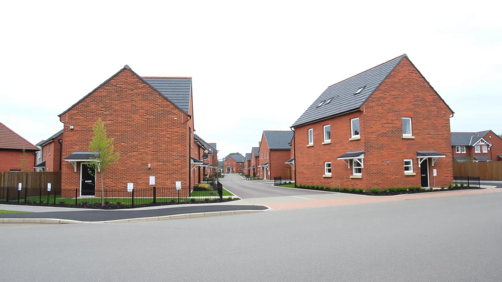 Newly completed brick houses on a modern British housing development street