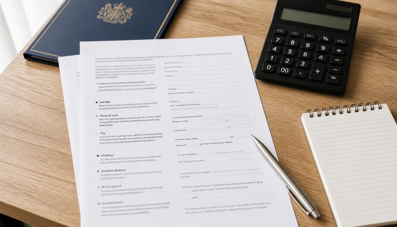 Contract paperwork with a calculator, pen and notepad on a desk