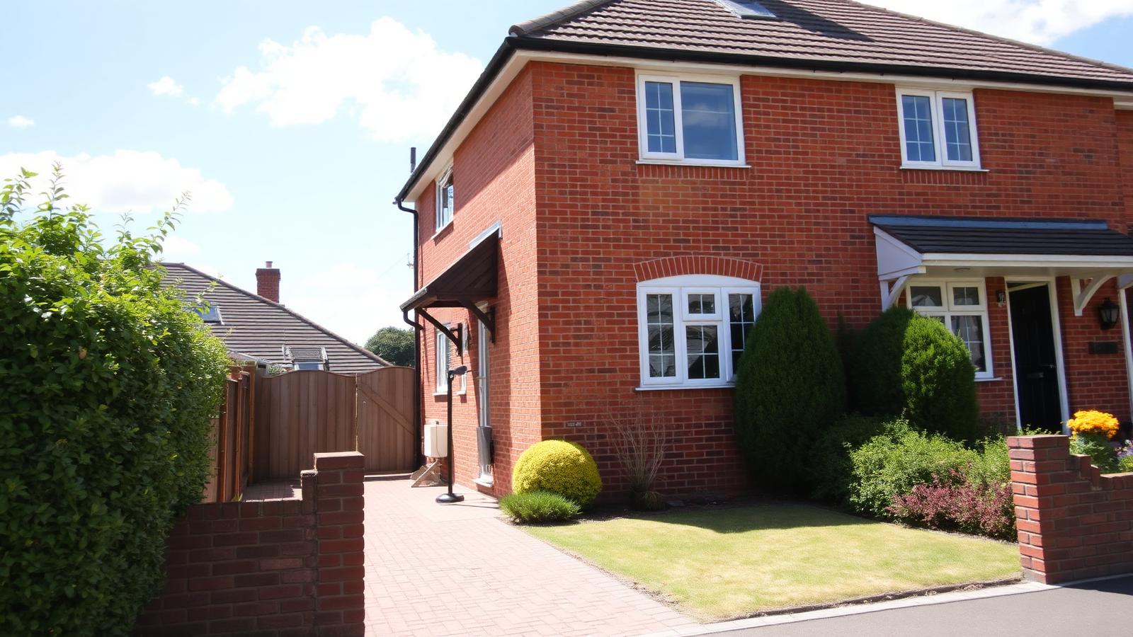 British semi-detached brick house with a neat front garden