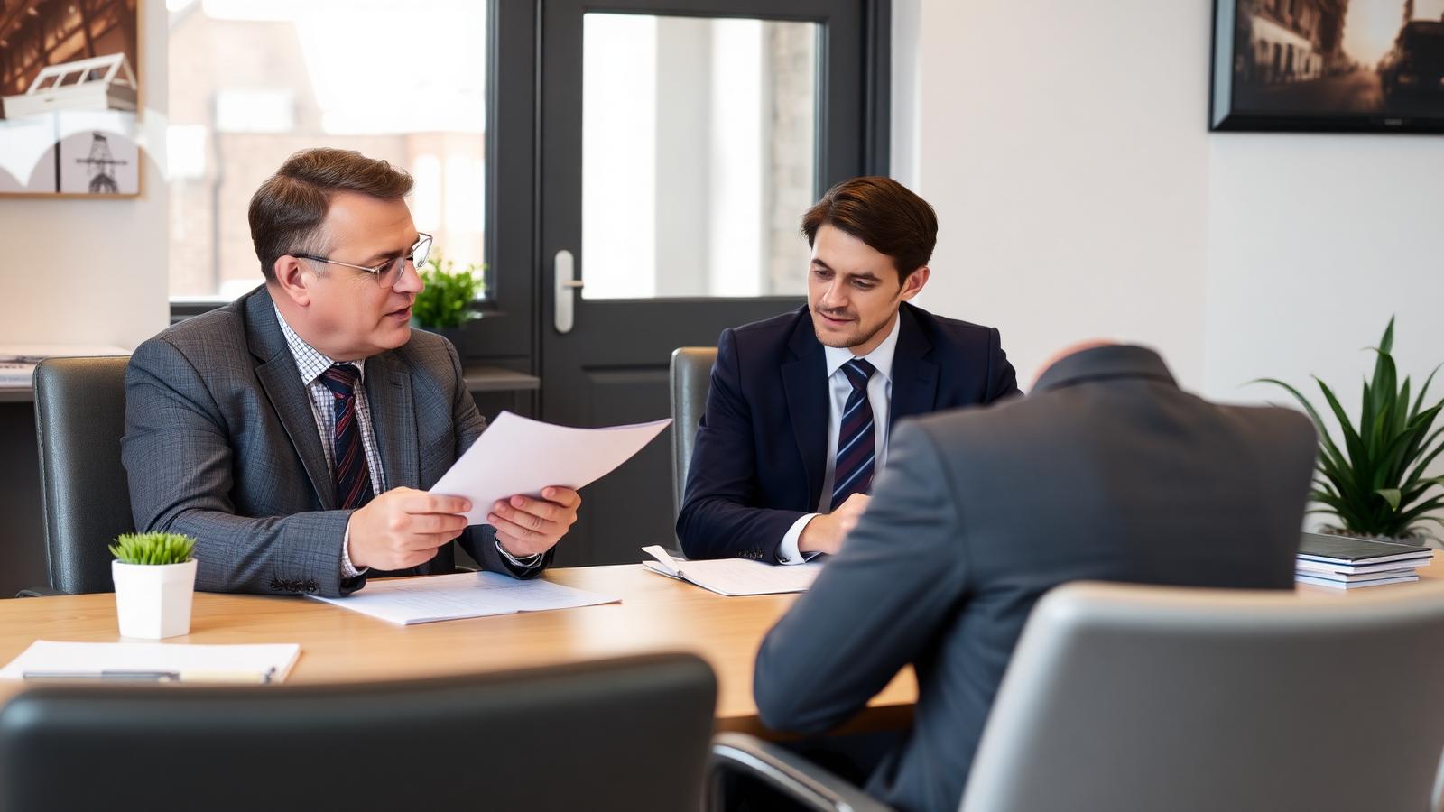 Mortgage adviser reviewing contract documents with a client in a professional office