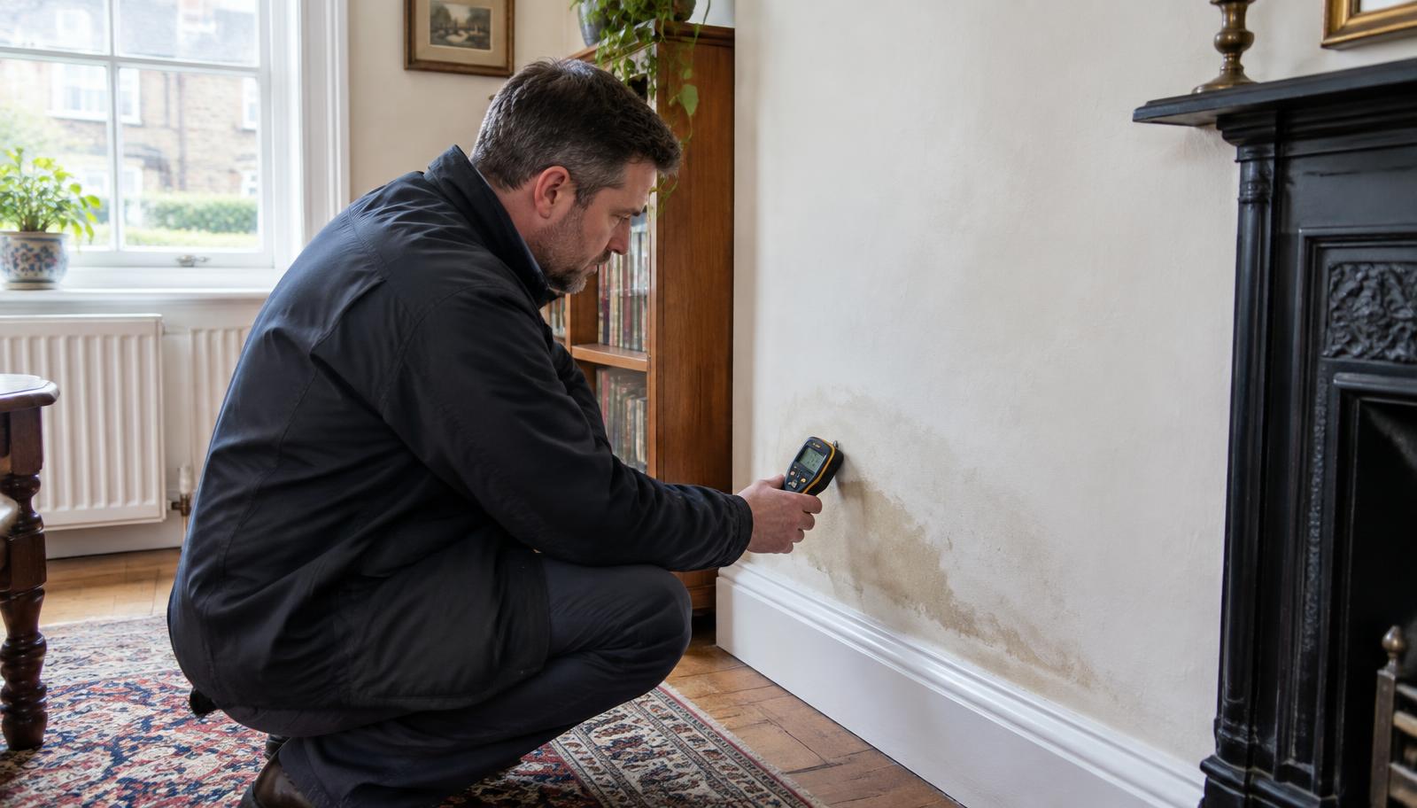 Building surveyor checking an internal wall for signs of damp with a moisture meter
