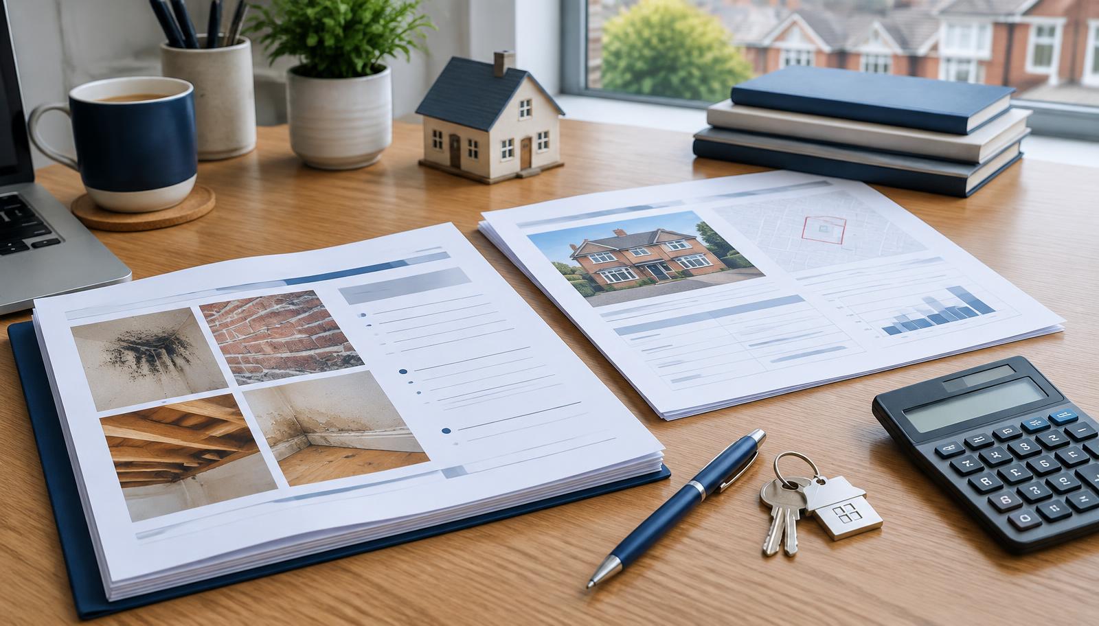 Damp and timber report alongside property valuation paperwork and a calculator