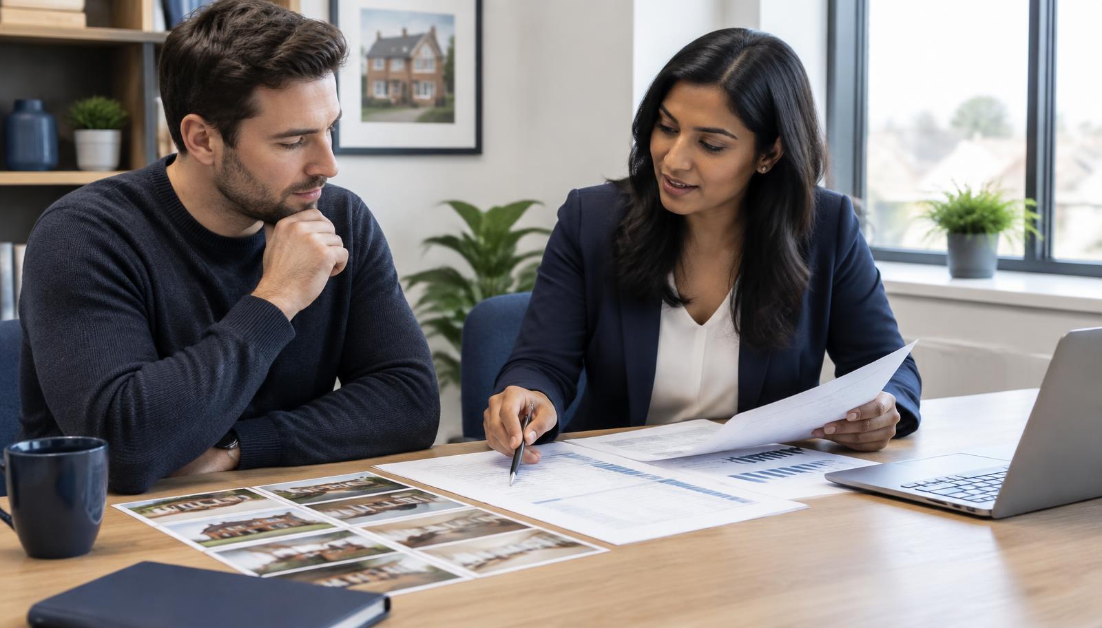 Home buyer and mortgage adviser reviewing property condition and lending documents