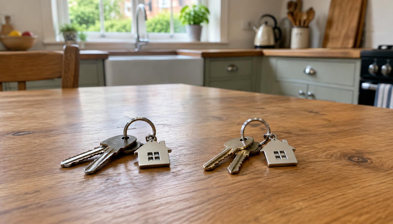 Two separate sets of house keys on a kitchen table in a British home