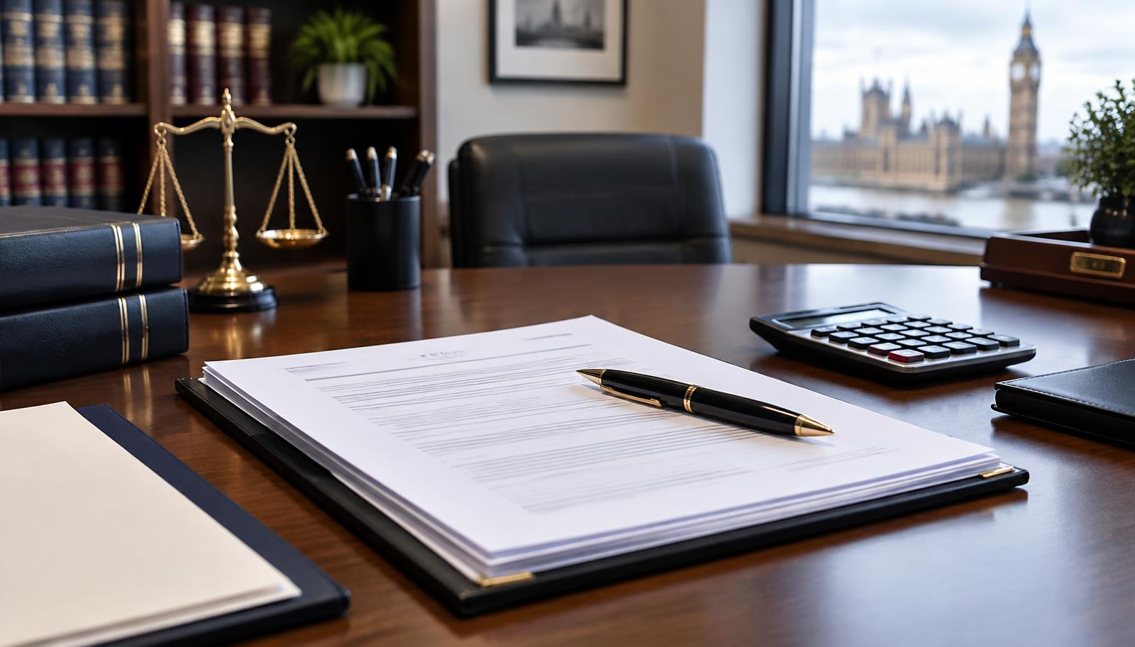 Settlement documents, a pen and a calculator on a solicitor's desk
