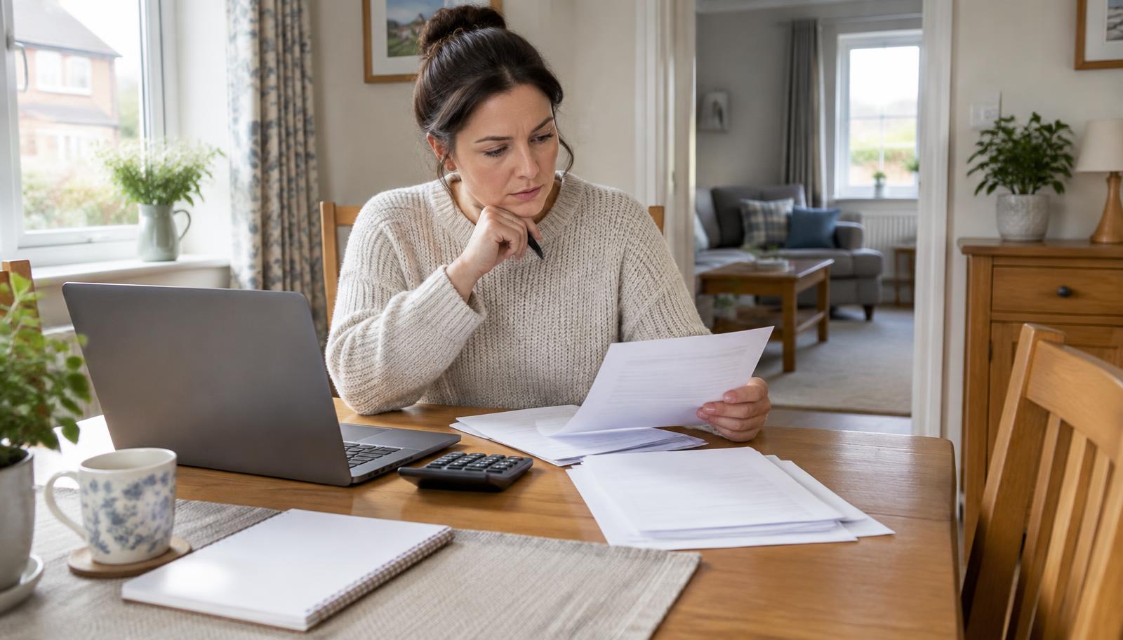 A person reviewing household finances at home with a laptop and paperwork