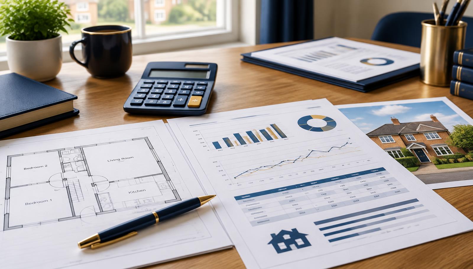 Mortgage valuation report, calculator and property details on an adviser desk