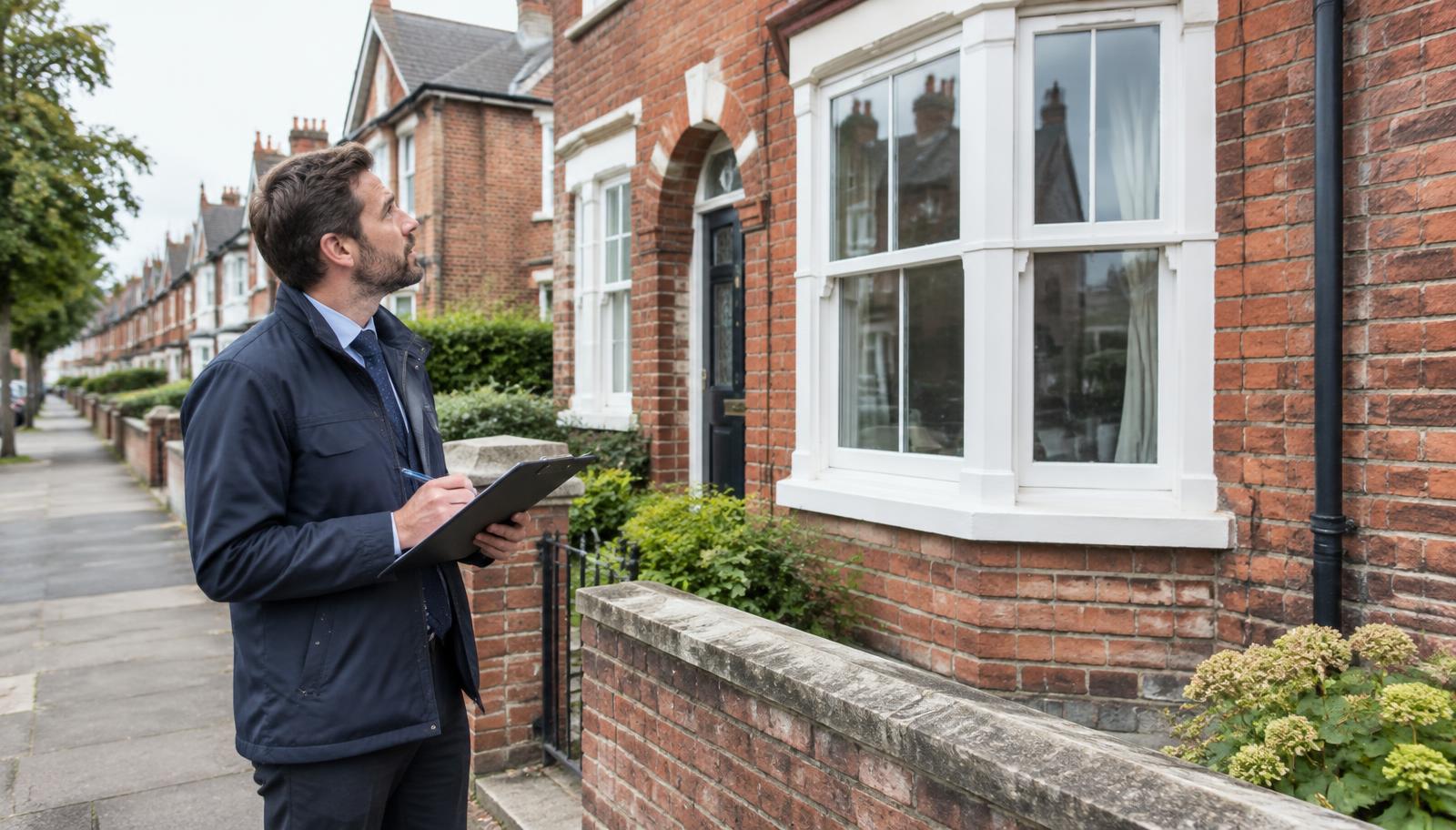 Chartered surveyor inspecting the exterior of a traditional British home