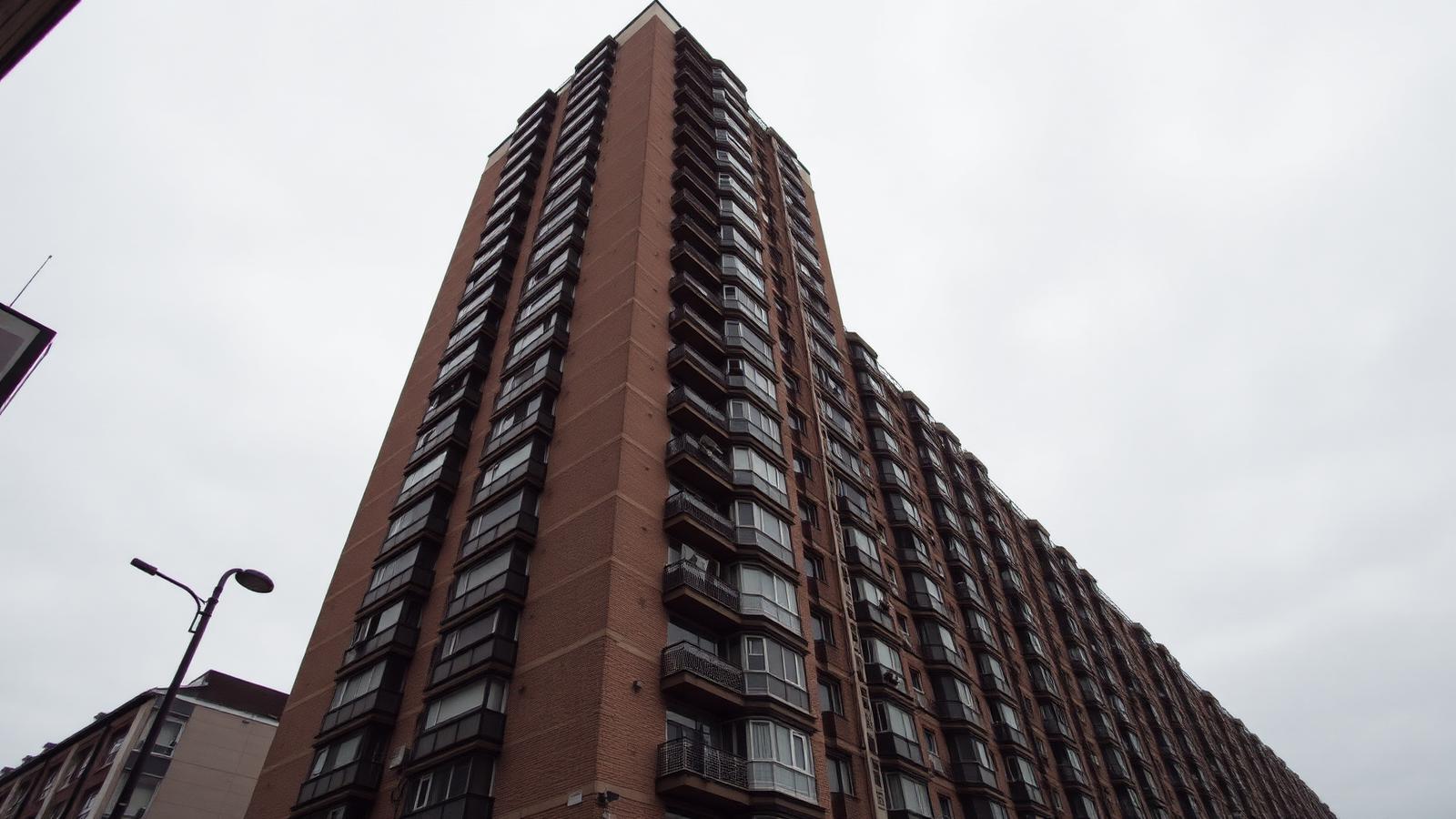 A tall post-war residential tower block viewed from street level in a British city