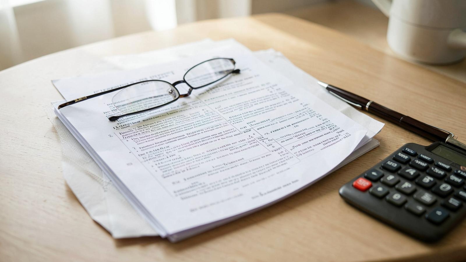 Lease documents, reading glasses, a pen and a calculator on a desk