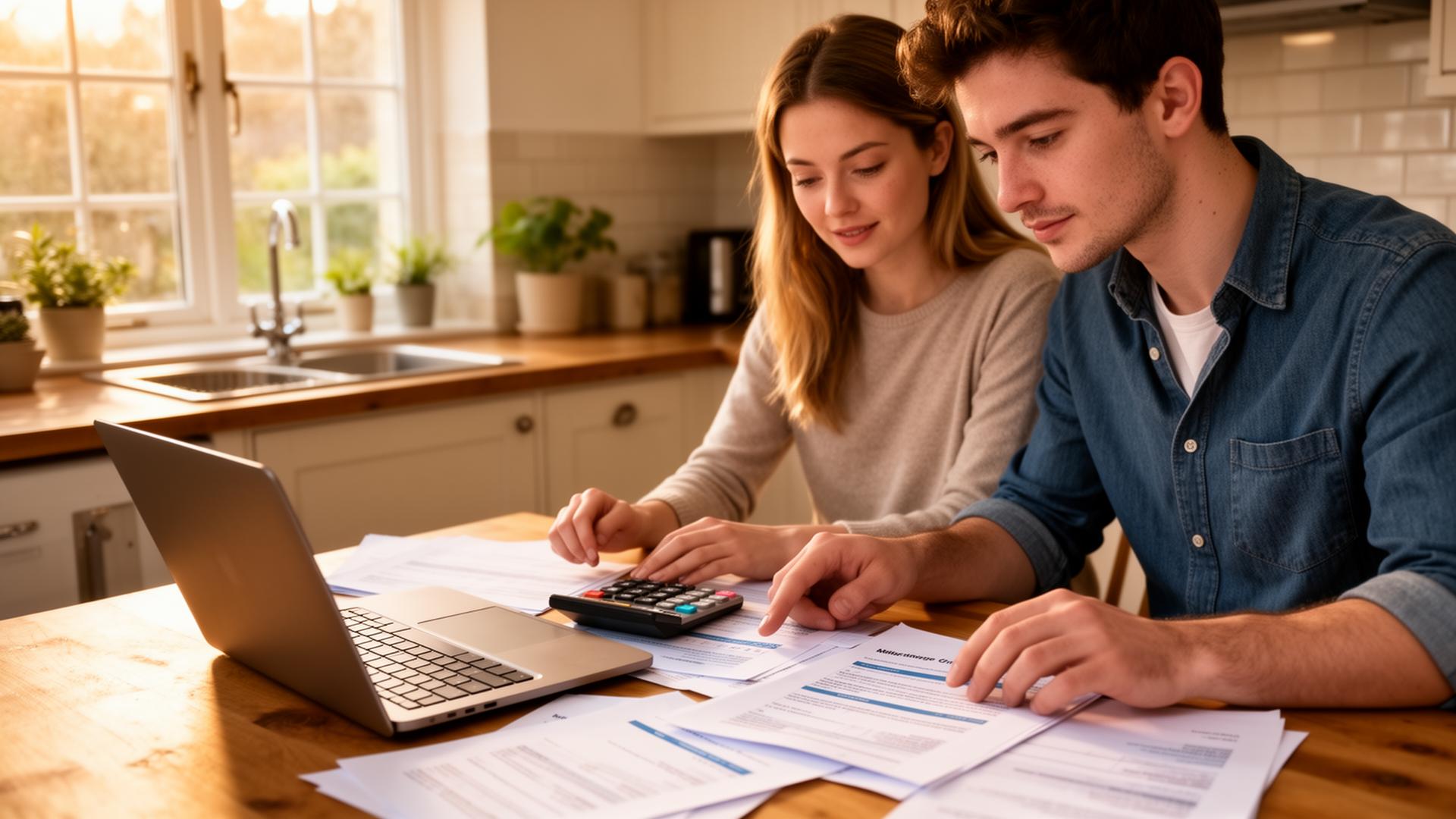 Young couple at a kitchen table reviewing mortgage paperwork with a calculator and laptop