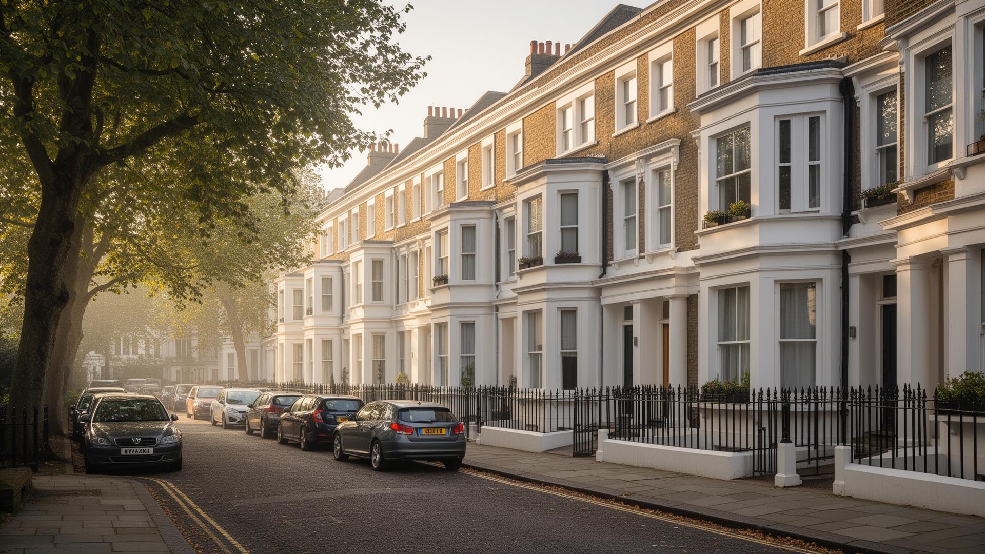 Tree-lined street of UK Victorian terraced houses with bay windows in soft morning light
