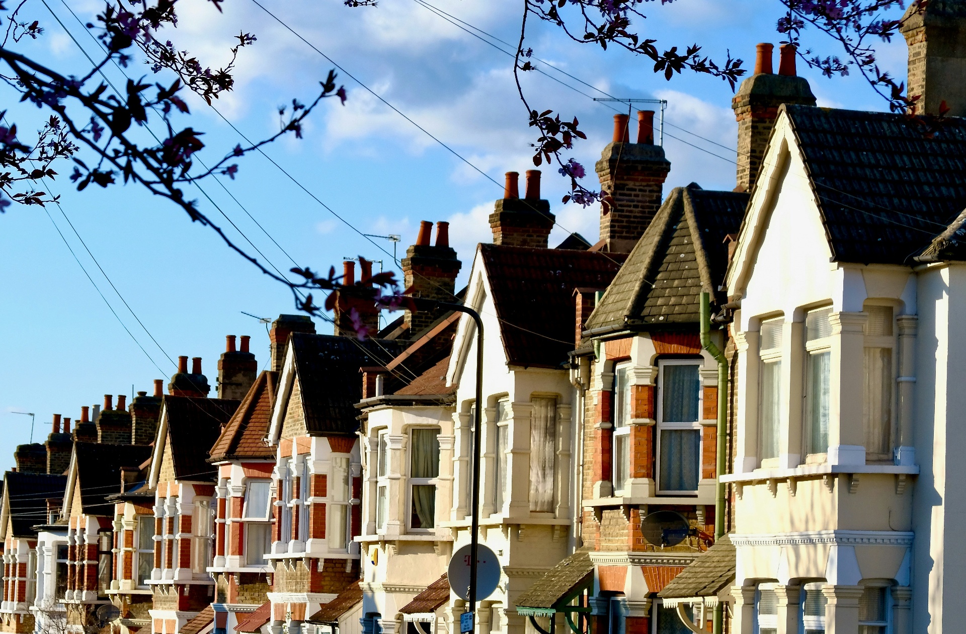 Row of British terraced houses lit by spring sunshine