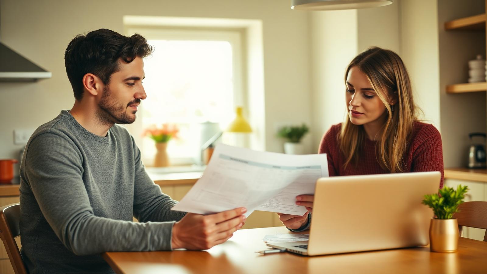 British couple reviewing mortgage paperwork and a laptop at their kitchen table