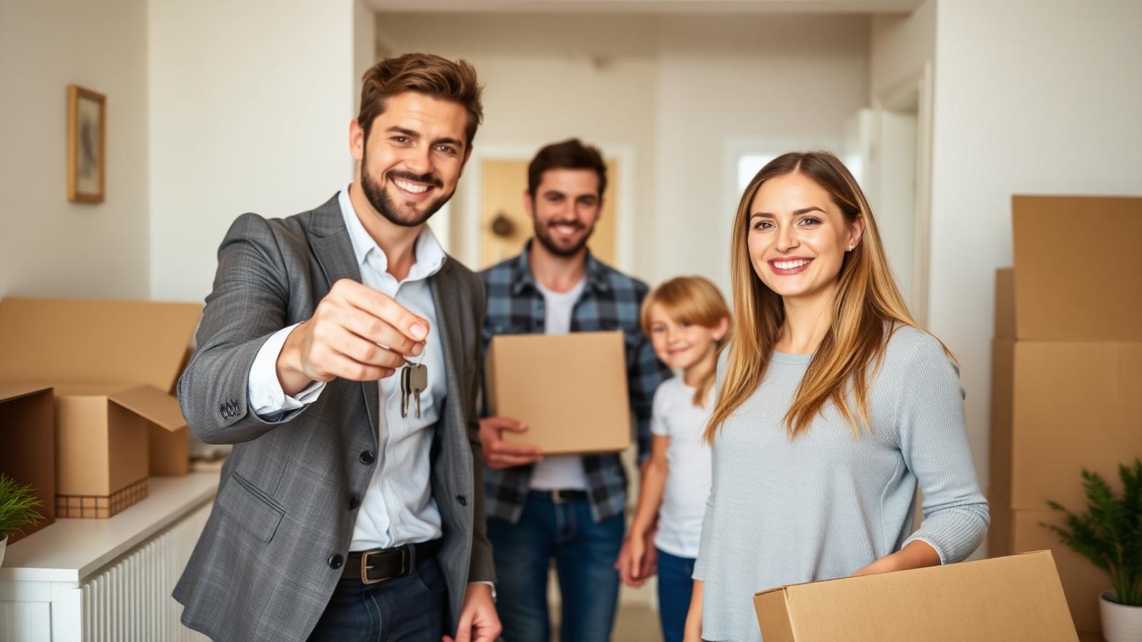 UK estate agent handing house keys to a smiling family with moving boxes in the background