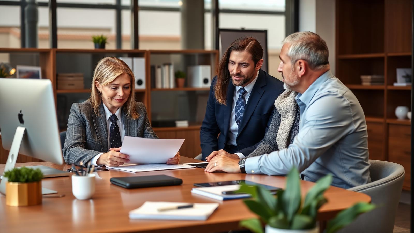Professional mortgage adviser reviewing documents with clients at an office desk