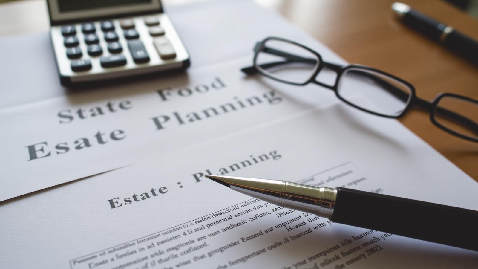Estate planning documents, calculator and reading glasses on a desk
