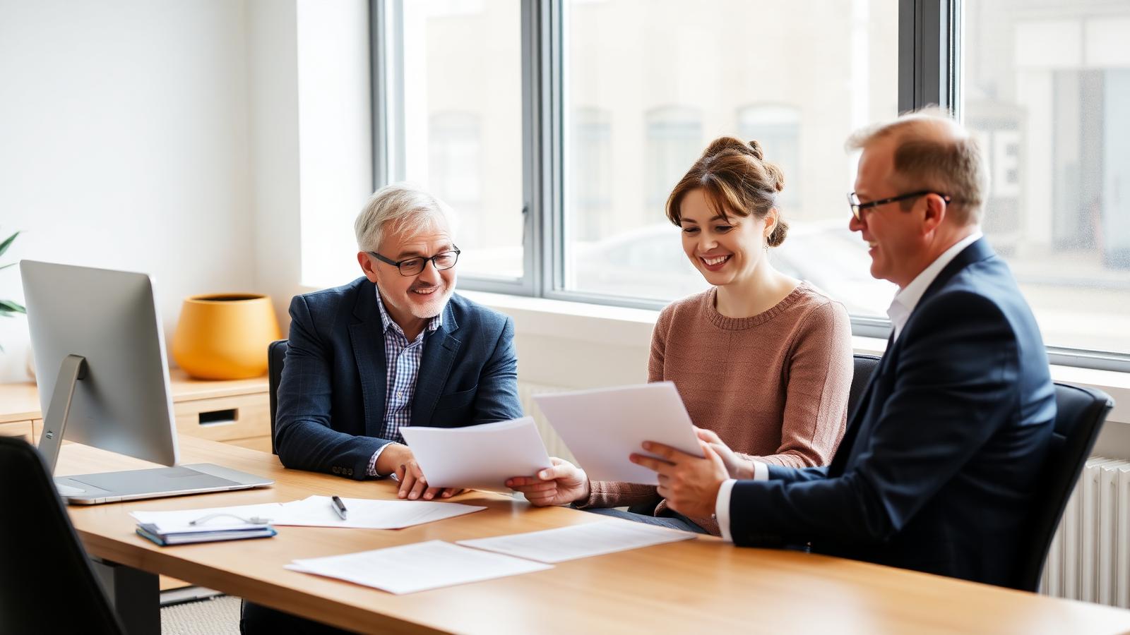 A couple meeting with a professional adviser to review estate planning documents