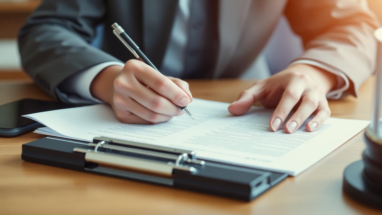Hands signing trust documents at a desk
