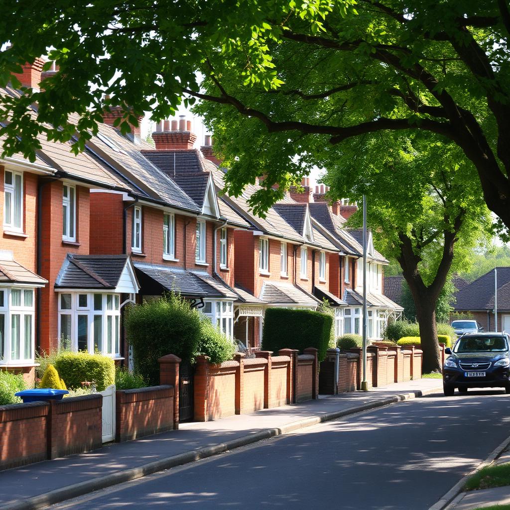 Row of British suburban semi-detached houses on a residential street