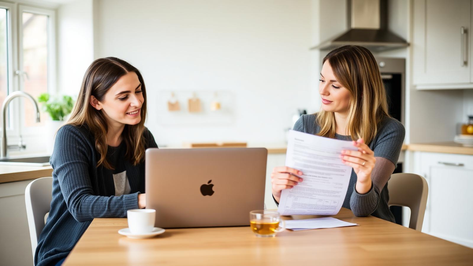 British couple reviewing life insurance paperwork together at their kitchen table